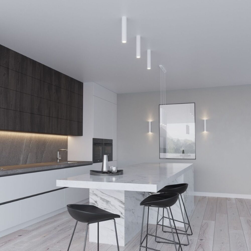 Lustre plafonnier design cylindrique en acier blanc ou noir - vue de face