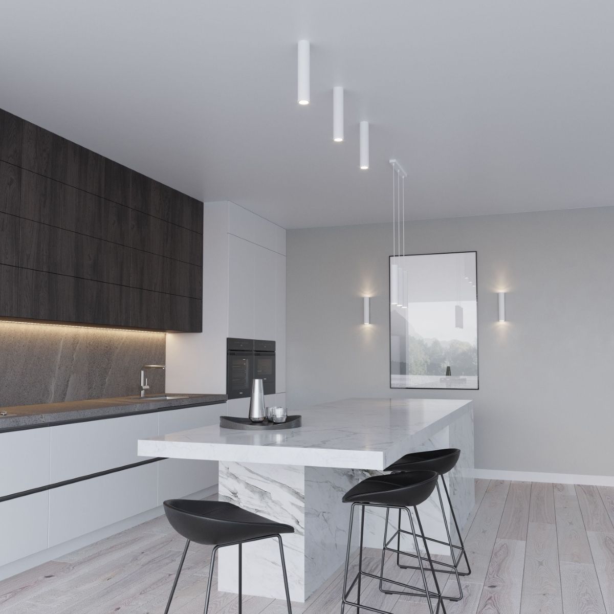 Lustre plafonnier design cylindrique en acier blanc ou noir - vue de face