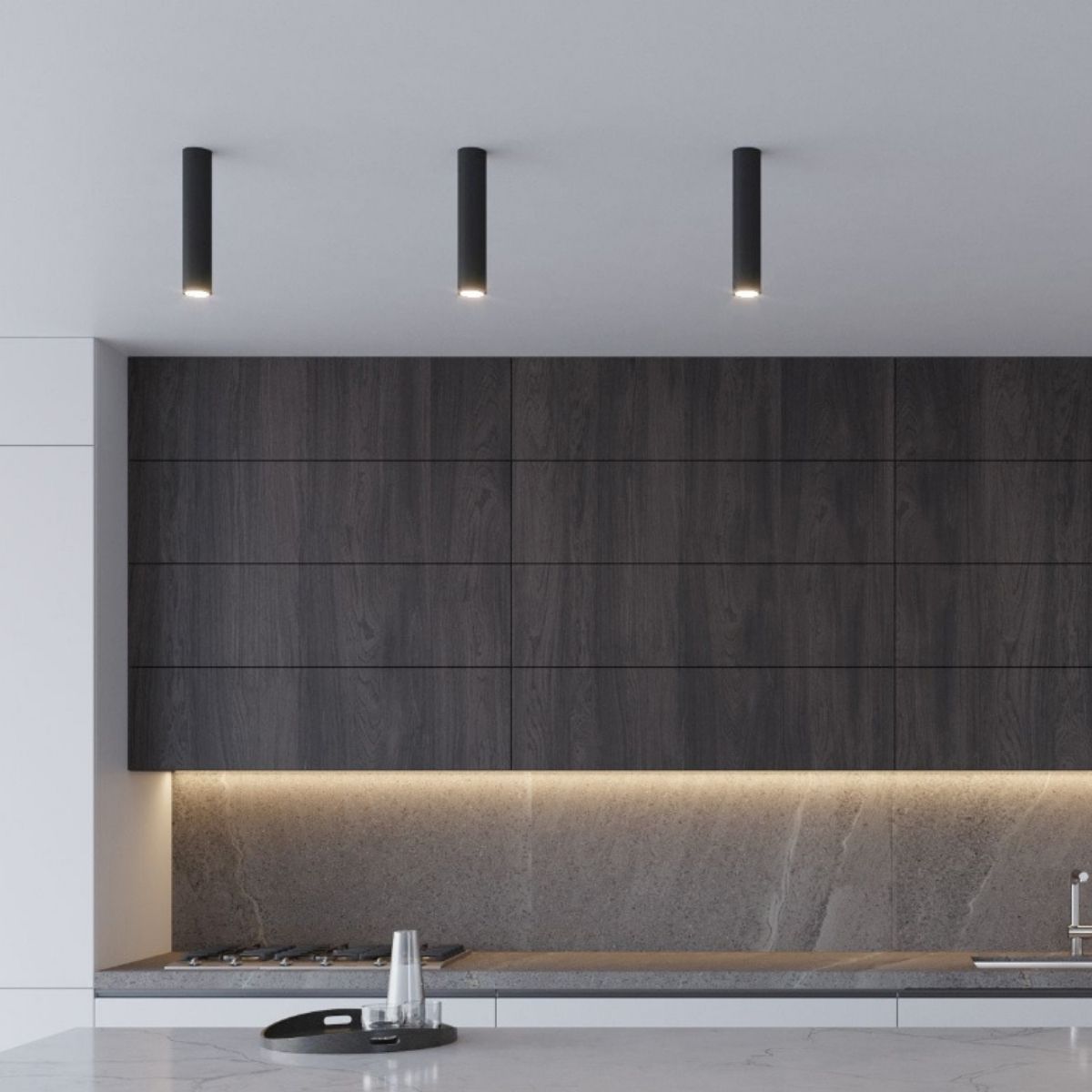 Lustre plafonnier design cylindrique en acier blanc ou noir - vue de côté
