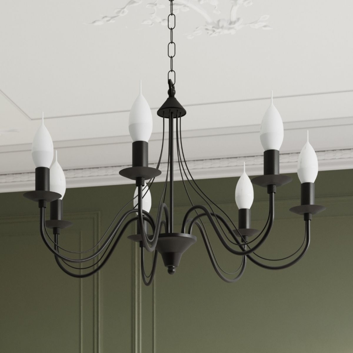 Lustre plafonnier façon chandelier design en acier noir ou blanc - vue de face