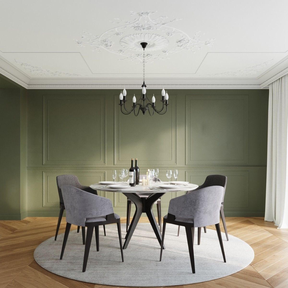 Lustre plafonnier façon chandelier design en acier noir ou blanc - ambiance éteinte