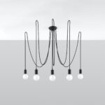 Lustre plafonnier façon lampe araignée en métal noir avec 5v ampoules style industriel sur fond gris