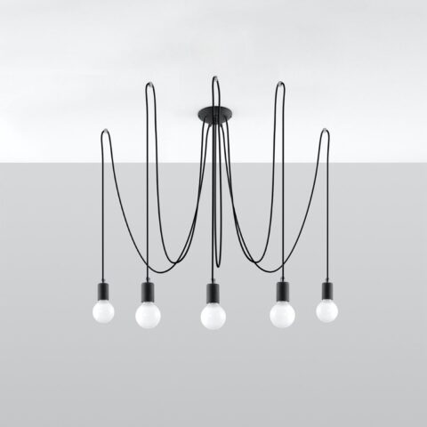Lustre plafonnier façon lampe araignée en métal noir avec 5v ampoules style industriel sur fond gris
