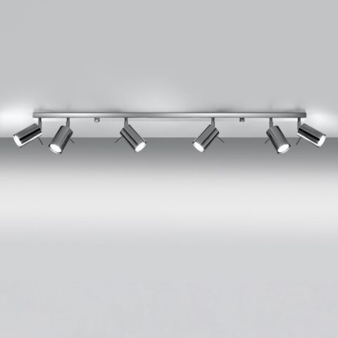 Lustre plafonnier en acier chromé argenté au style moderne sur fond gris