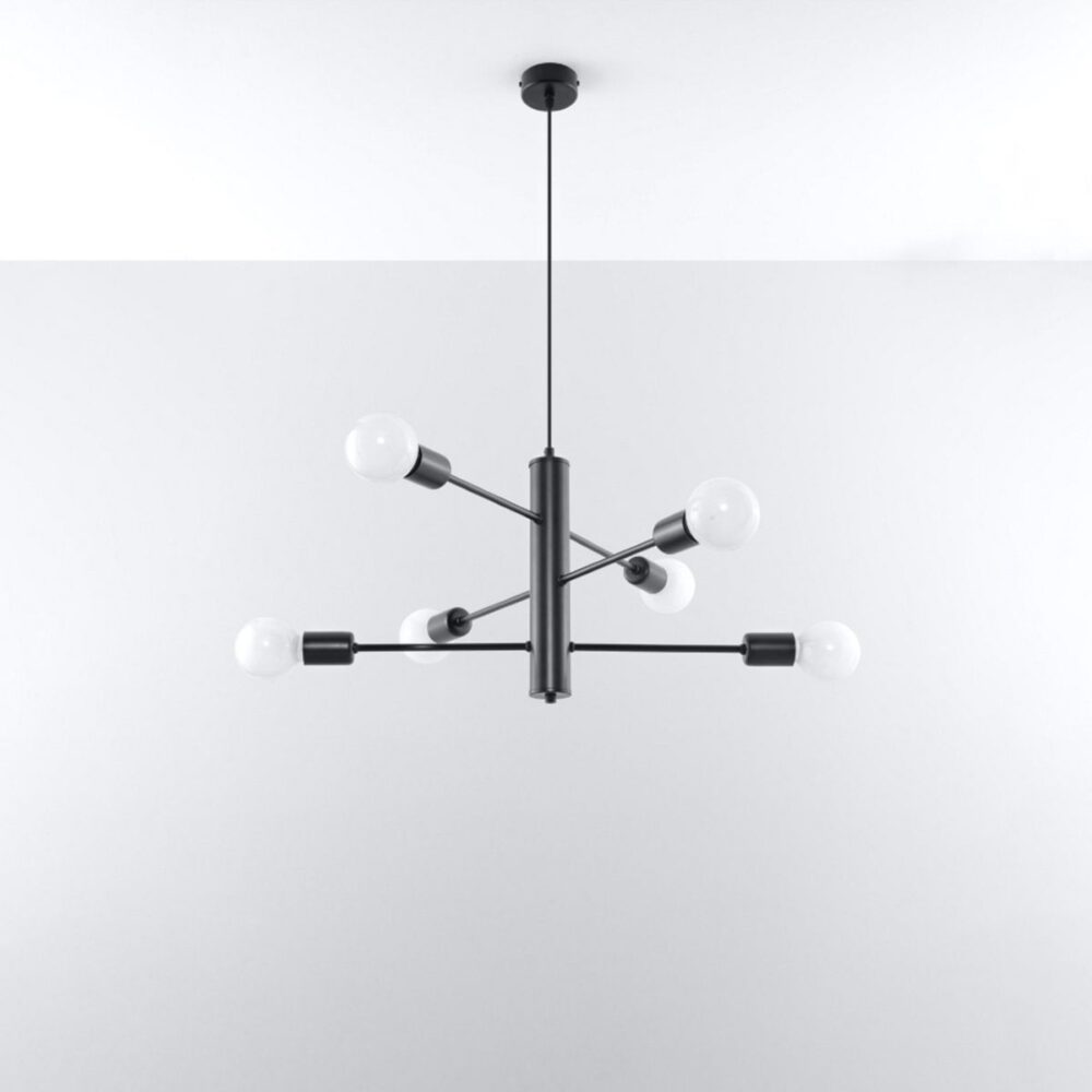 Suspension industrielle en métal noir avec 6 ampoules sur fond gris