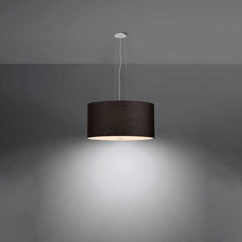 Suspension minimaliste en tissu noir de forme arrondie sur fond gris