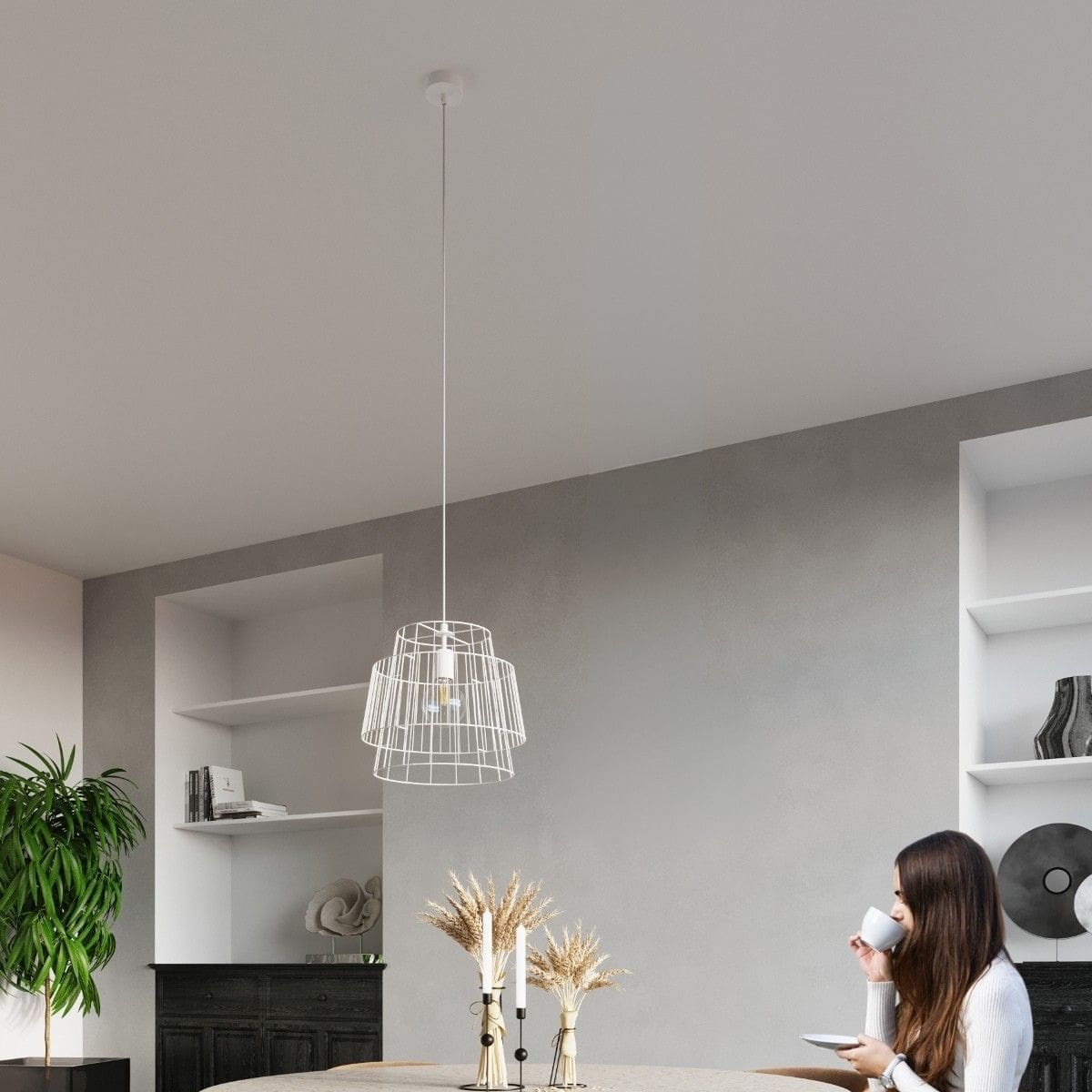 Suspension scandinave avec abat-jour géométrique en acier noir ou blanc — détail