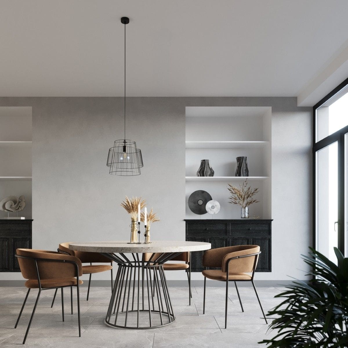 Suspension scandinave avec abat-jour géométrique en acier noir ou blanc — vue en situation