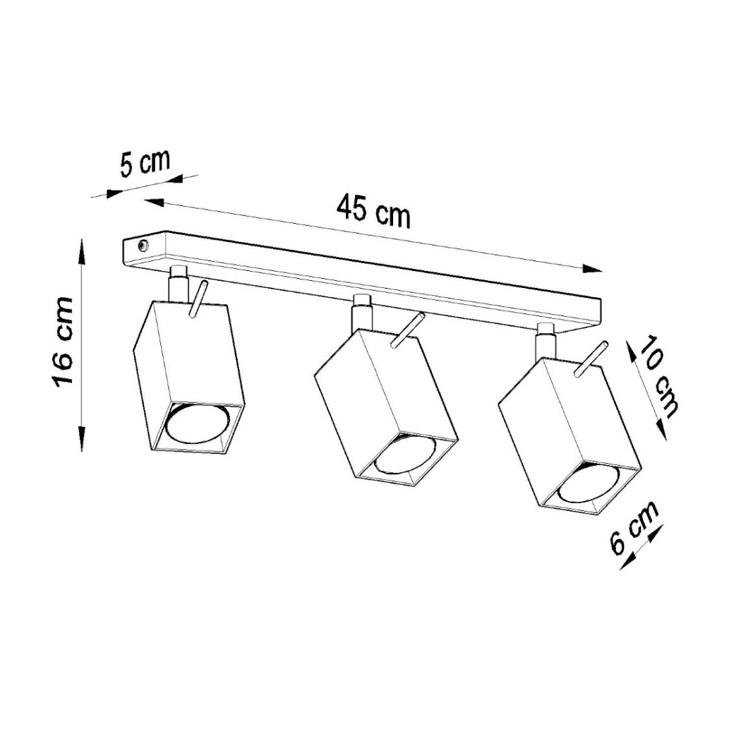 Schéma coté du plafonnier à trois spots avec barre de 45 cm et têtes de 6x10 cm