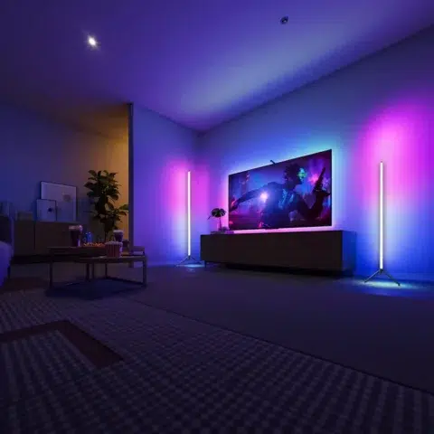 Lampadaire intelligent LED d’angle, design noir moderne, lumière RGB personnalisable, 120 cm, atmosphère créative et élégante dans un salon contemporain.