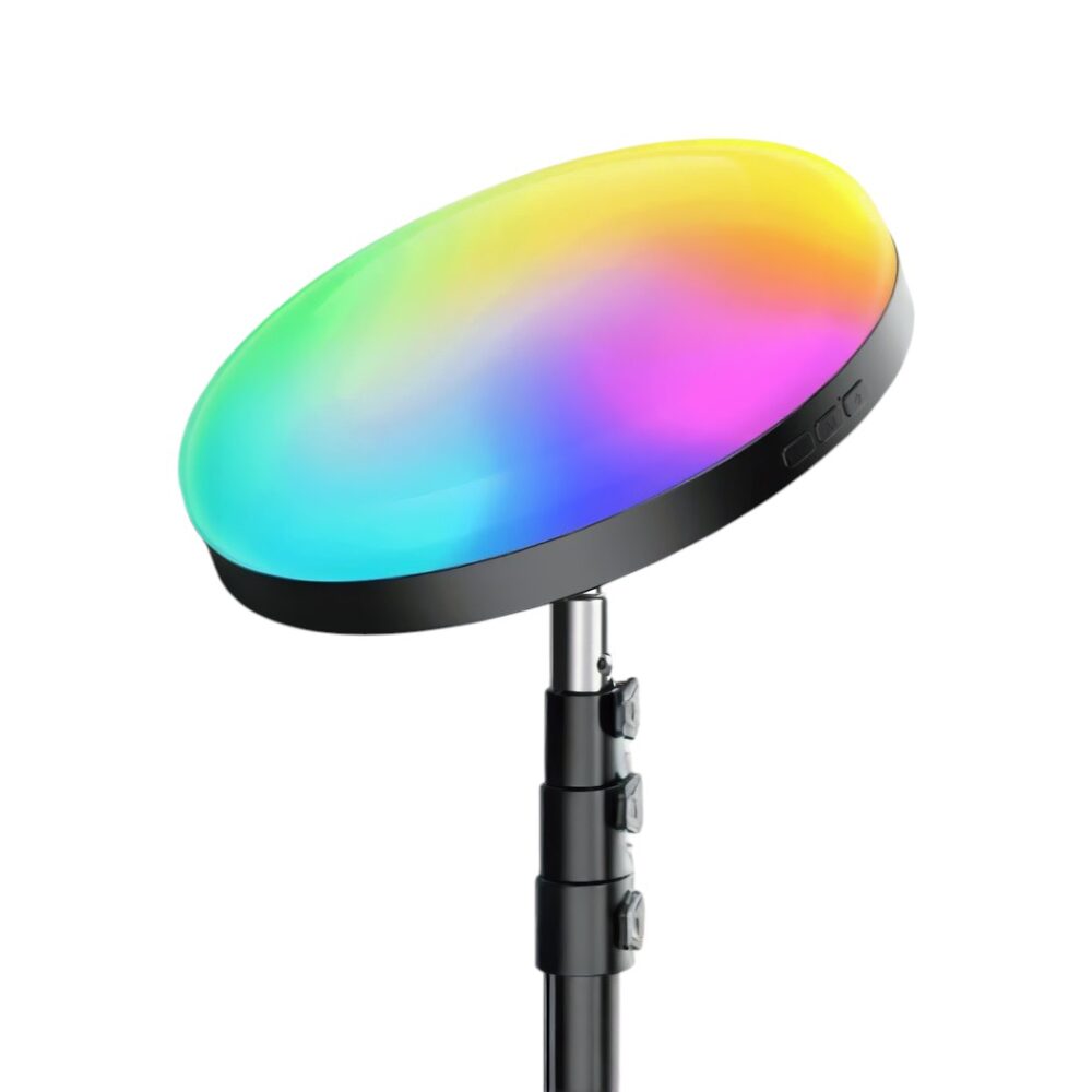 Lampadaire intelligent d’angle LED noir, design minimaliste, éclairage double face RGB et blanc réglable pour ambiance évolutive sur pied et de forme ronde, sur fond blanc.