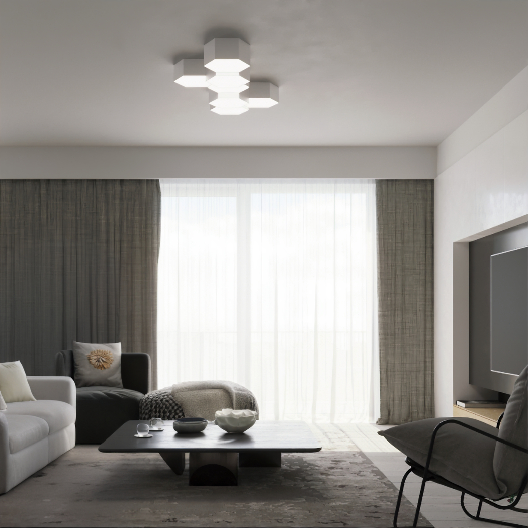 Lustre plafonnier modulaire blanc de forme octogonale - vue de côté
