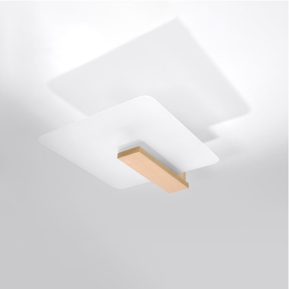 Lustre plafonnier rectangulaire en verre dépoli et bois véritable laqué beige, design minimaliste à fixation invisible sur plafond blanc avec effet d'ombre.