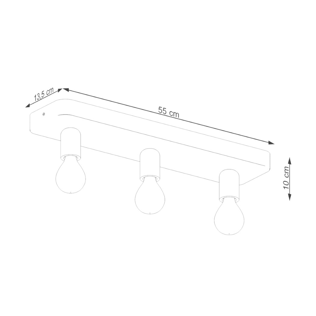 Schéma coté du plafonnier rectangulaire à trois douilles mesurant 55 cm de long