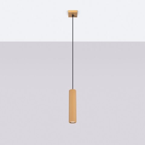 Suspension dorée design en aluminium rainuré, en 1 lampe sur plafond blanc et fond gris.