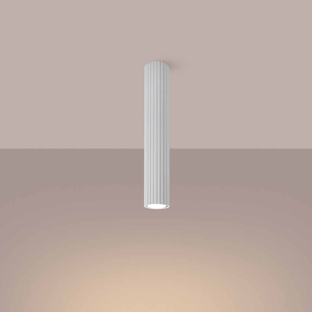 Plafonnier cylindrique blanc nervuré et allongé, vue produit