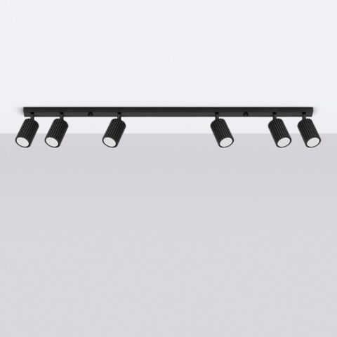 Lustre plafonnier design noir, longiligne, dont le corps est rectangulaire avec 6 têtes orientables cylindriques sur fond uni.