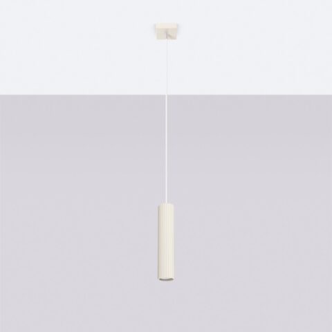 Suspension tube en aluminium beige mat, design industriel esprit loft, version 1 lumières GU10 sur fond gris.