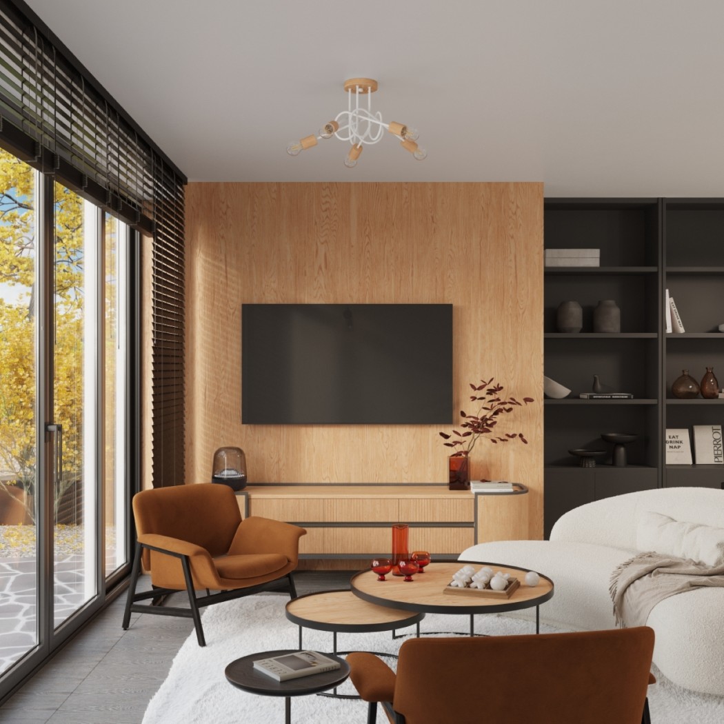 Plafonnier à bras filaires façon sputnik dans un salon avec meuble TV