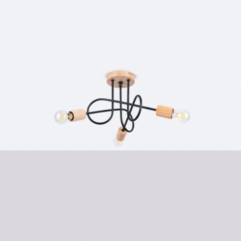 Lustre plafonnier métal noir et bois au design artistique, entrelacé, en version 3 avec finition cylindrique en bois sur plafond blanc