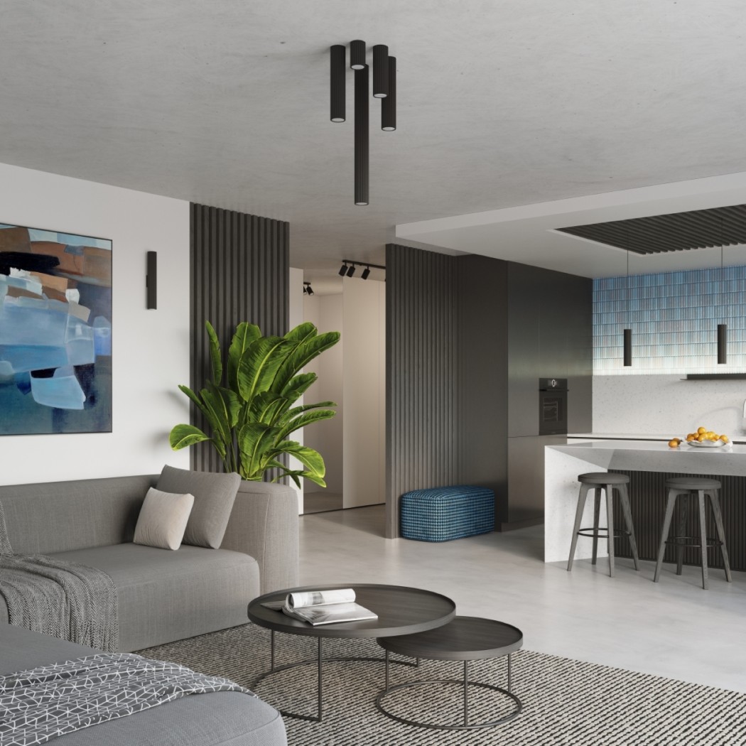 Lustre plafonnier tubulaire noir en aluminium minimaliste - ambiance allumée