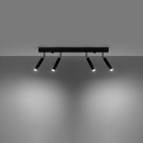Lustre plafonnier avec 4 spots orientables en acier noir sur fond gris