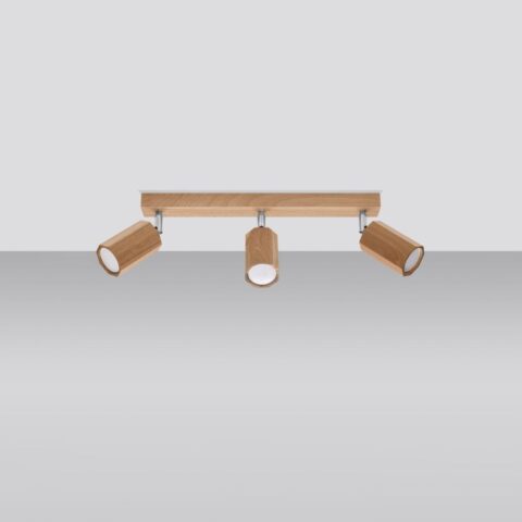 Lustre plafonnier en bois naturel avec 3 spots orientables au style scandinave sur fond gris