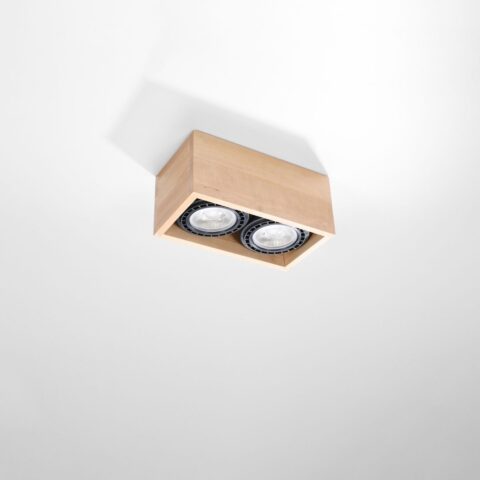 Lustre plafonnier en forme de rectangle en bois naturel avec 2 spots sur fond gris blanc
