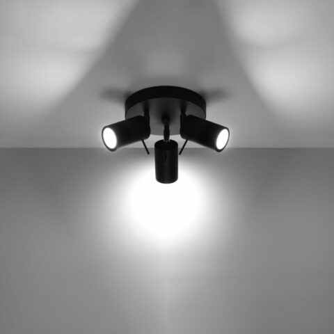 Lustre plafonnier en acier noir avec 3 spots orientables au style élégant et moderne sur fond gris
