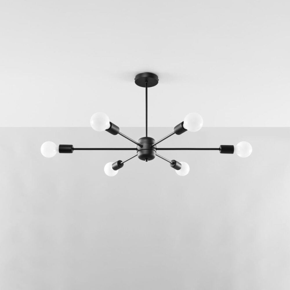 Lustre plafonnier au style industriel en acier noir avec 6 ampoules sur fond gris