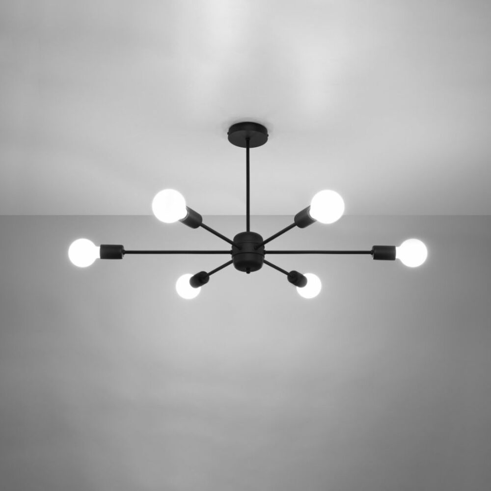 Lustre plafonnier industriel en acier noir avec 6 ampoules - vue de face