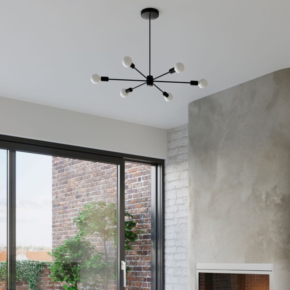 Lustre plafonnier industriel en acier noir avec 6 ampoules - vue de côté