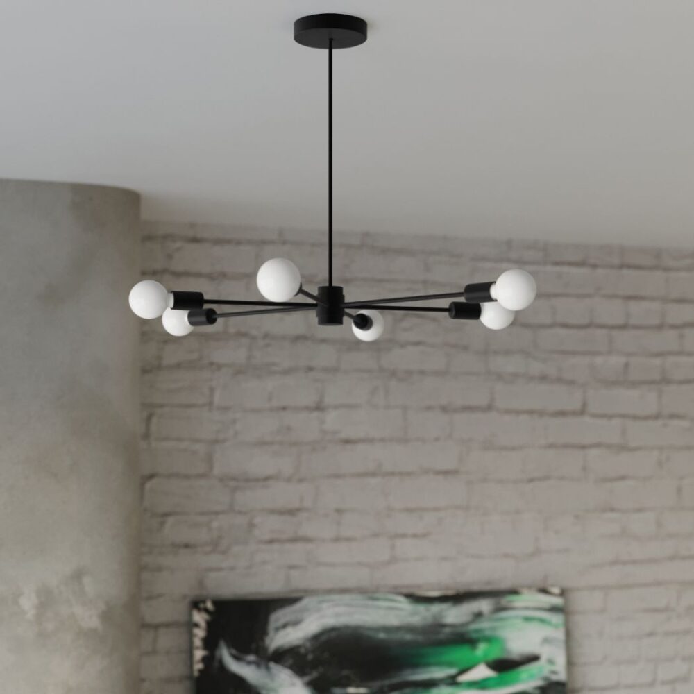 Lustre plafonnier industriel en acier noir avec 6 ampoules - détail