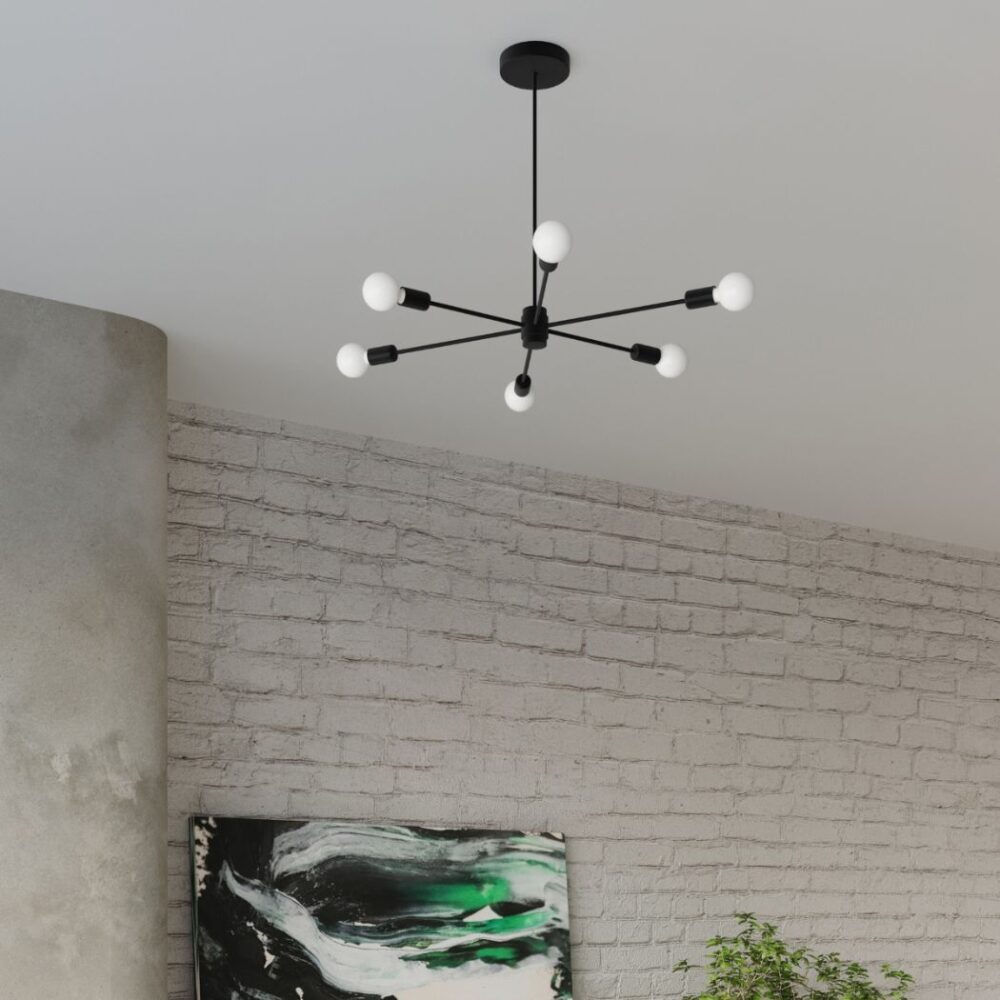 Lustre plafonnier industriel en acier noir avec 6 ampoules