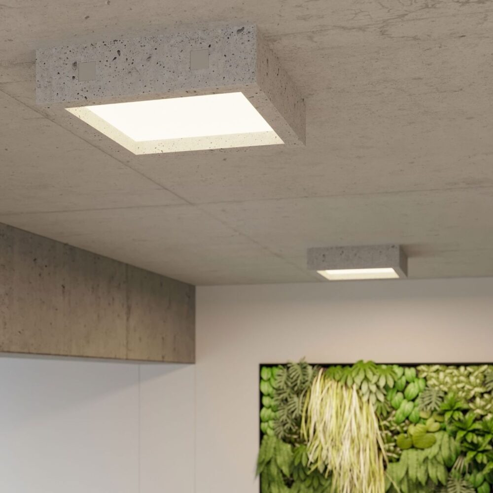 Lustre plafonnier moderne carré en béton gris et verre - vue de face