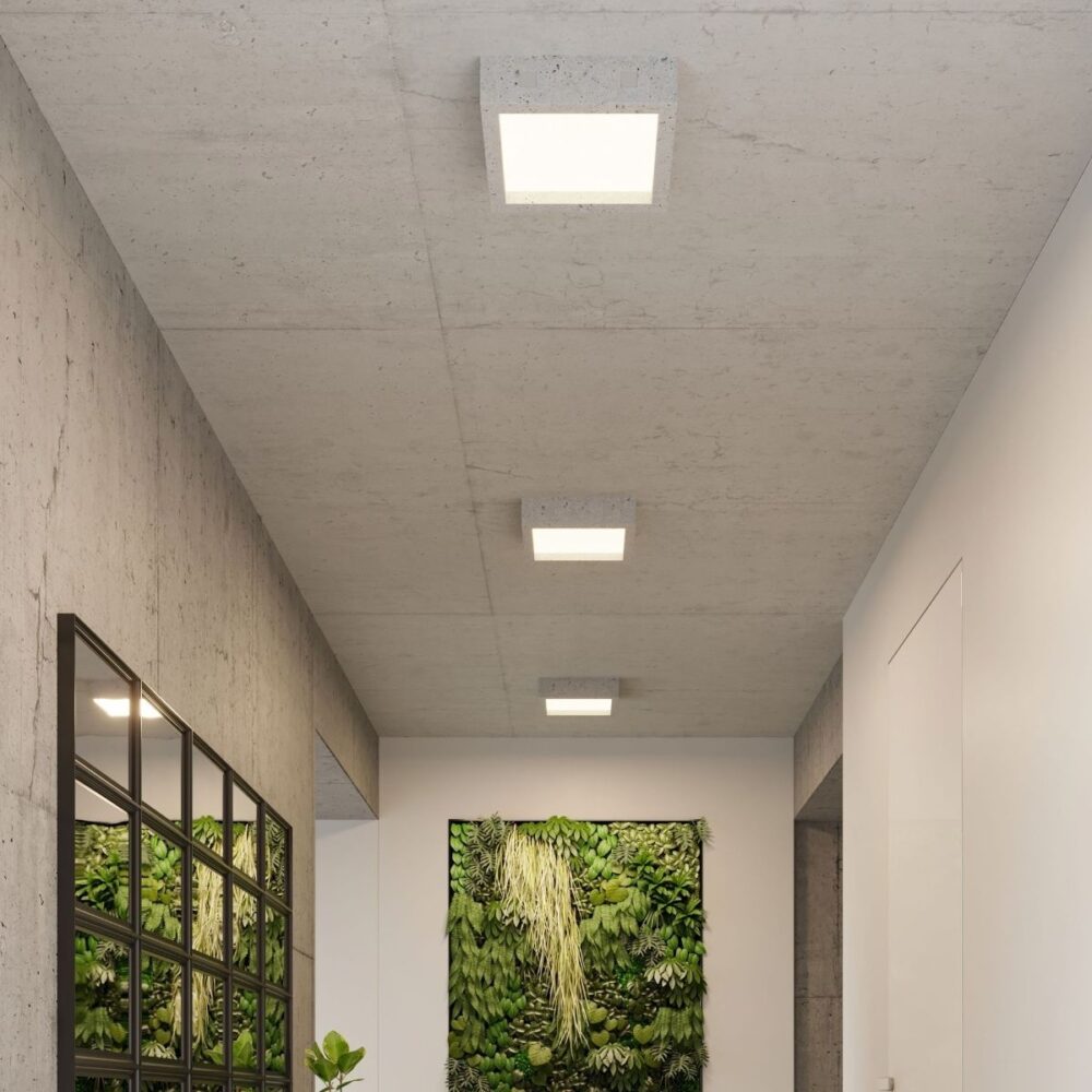 Lustre plafonnier moderne carré en béton gris et verre - vue d'ensemble