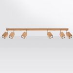 Lustre plafonnier en bois naturel avec 6 spots orientables au style scandinave sur fond gris