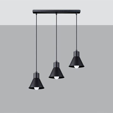 Suspension en acier noir avec 3 abat-jours au style industriel et minimaliste sur fond gris