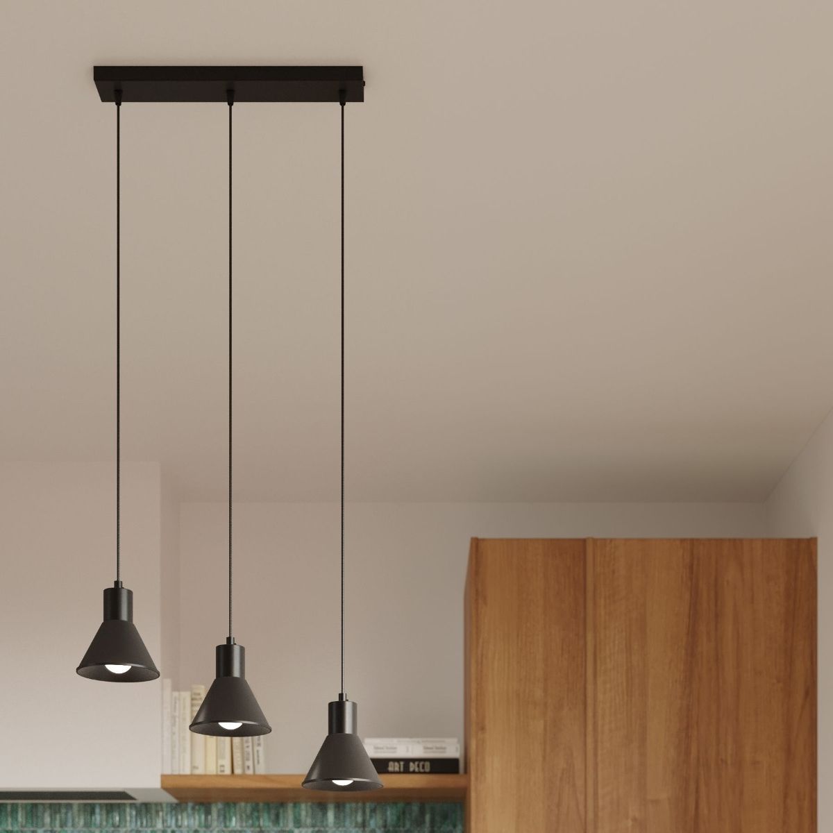 Suspension industrielle et minimaliste en acier avec 3 abat-jours — vue arrière