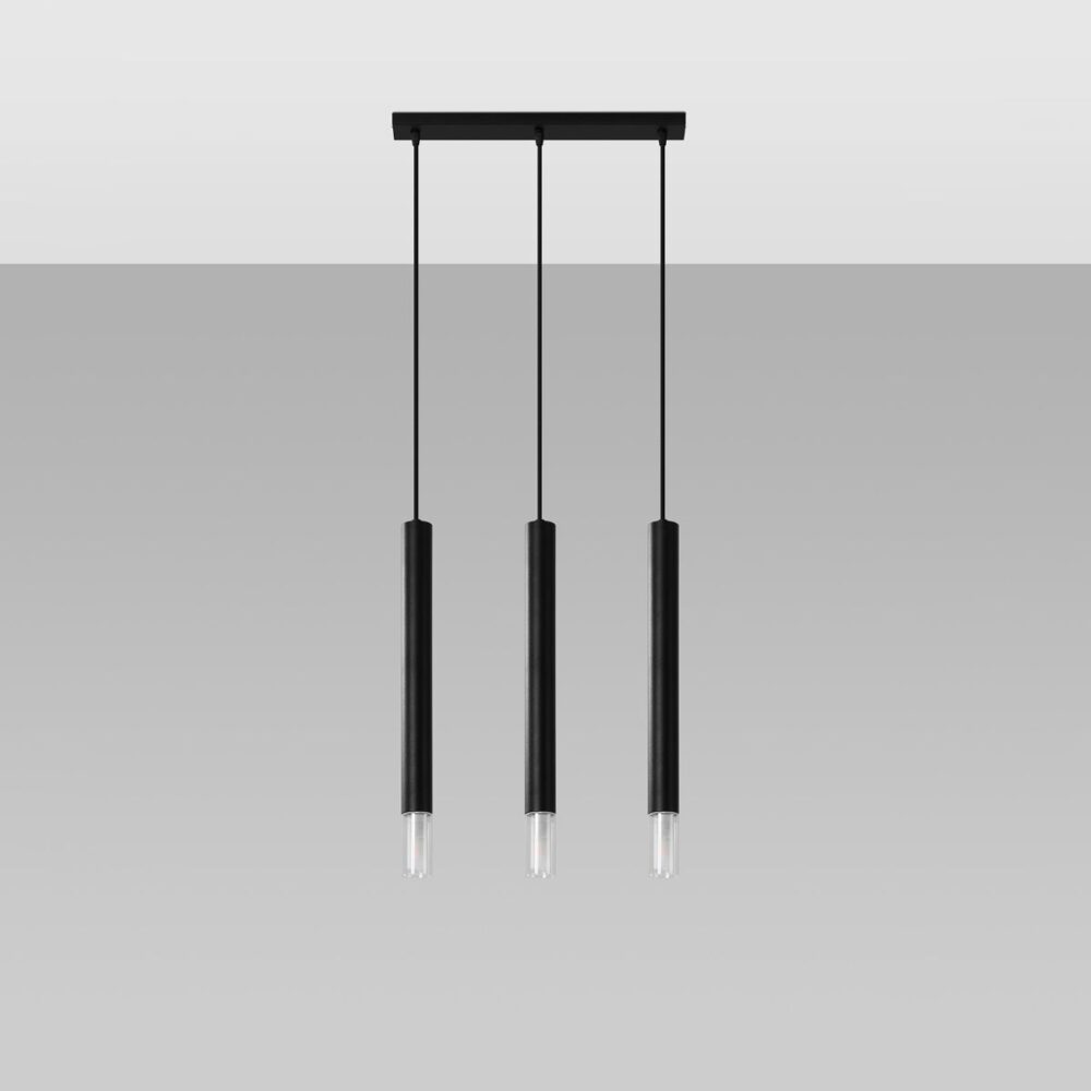 Suspension minimaliste et moderne avec 3 abat-jours en forme de cylindre en acier noir et verre sur fond gris