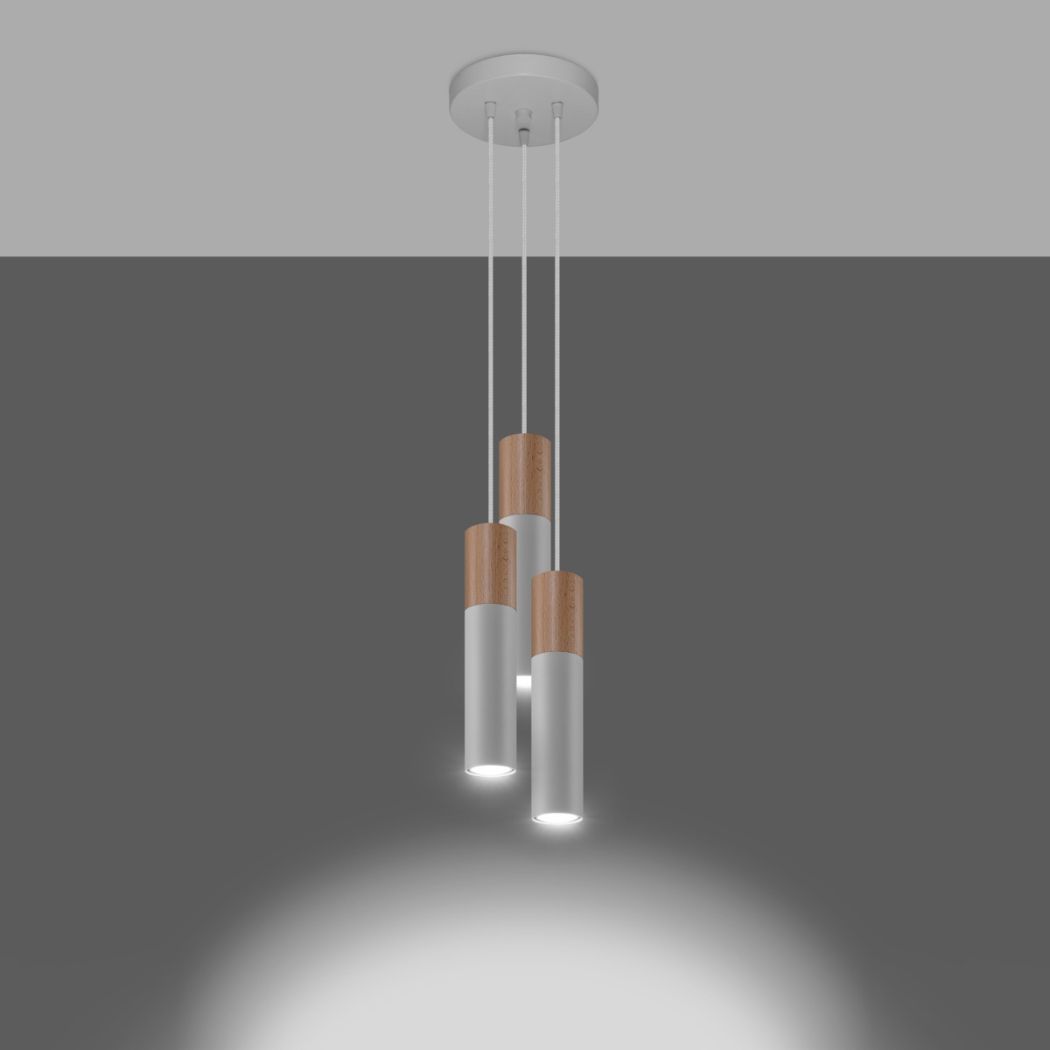 Suspension moderne en acier et bois naturel à 3 spots - vue de face