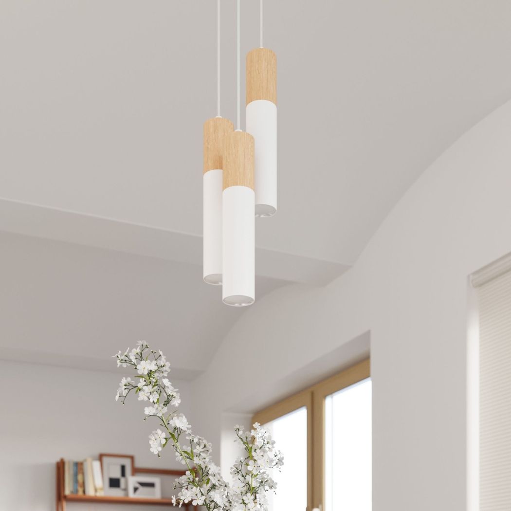 Suspension moderne en acier et bois naturel à 3 spots - détail