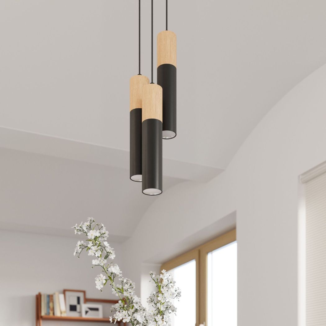 Suspension moderne en acier et bois naturel à 3 spots