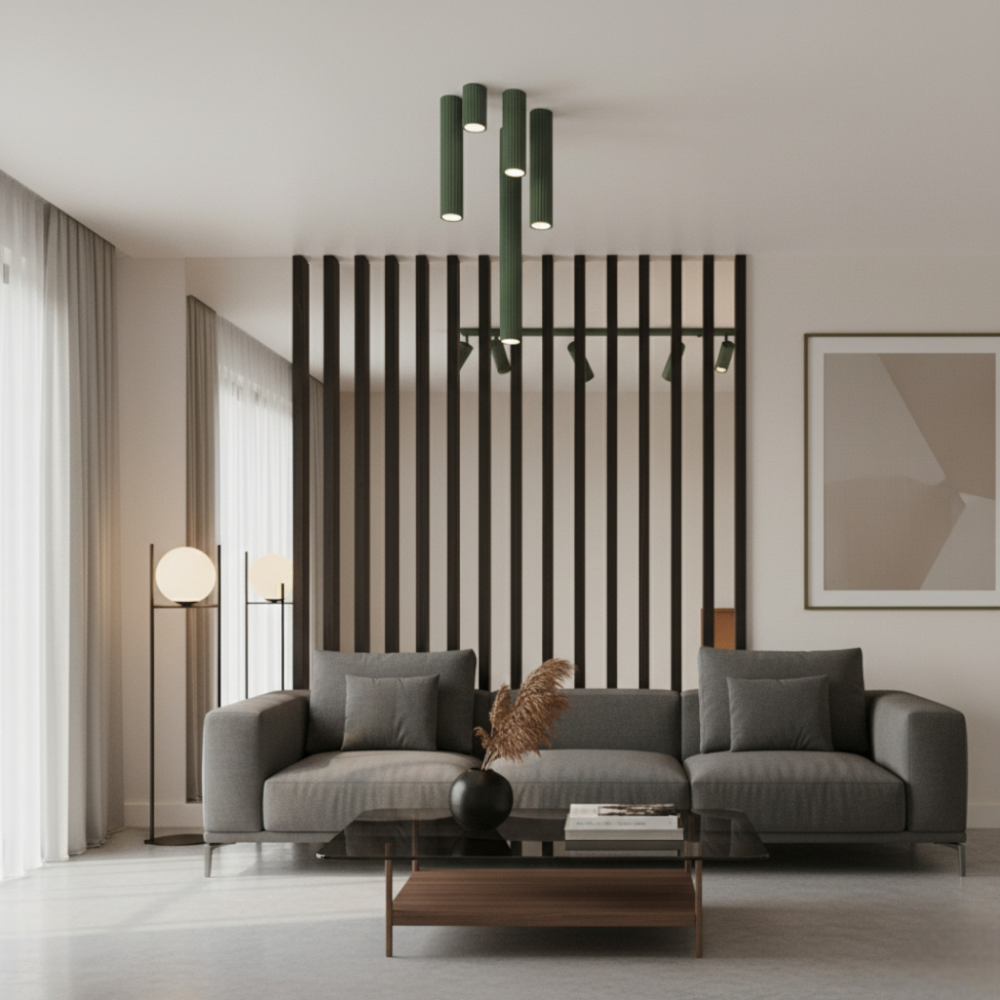 Lustre plafonnier moderne vert tailles modulables - ambiance allumée