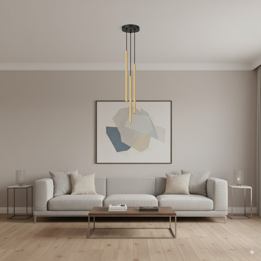 Lustre suspension 3 lampes dorées raffinées - vue de face
