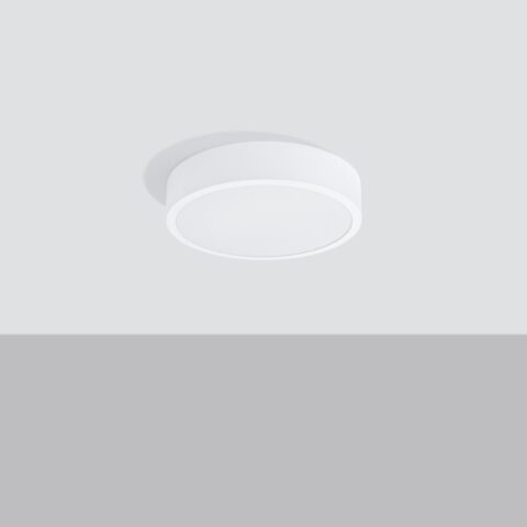 Lustre plafonnier Led design blanc de forme ronde fixé sur un plafond gris-blanc.