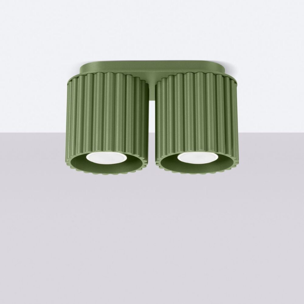 Lustre plafonnier avec double spot en forme de cylindrique nervuré coloris vert olive sur fond gris