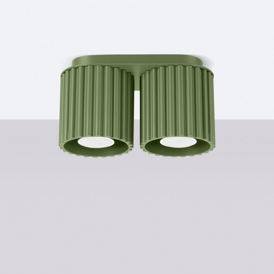 Lustre plafonnier avec double spot en forme de cylindrique nervuré coloris vert olive sur fond gris