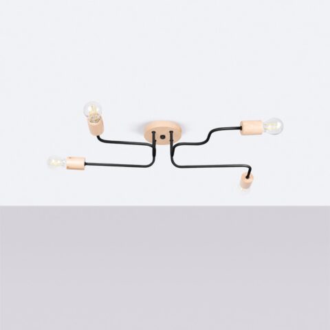 Lustre plafonnier araignée à la structure design en métal noir et bois clair composé de 4 ampoules LED E27 sur plafond blanc et arrière-fond gris.