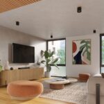 Lustre plafonnier noir et bois design scandinave — vue en situation